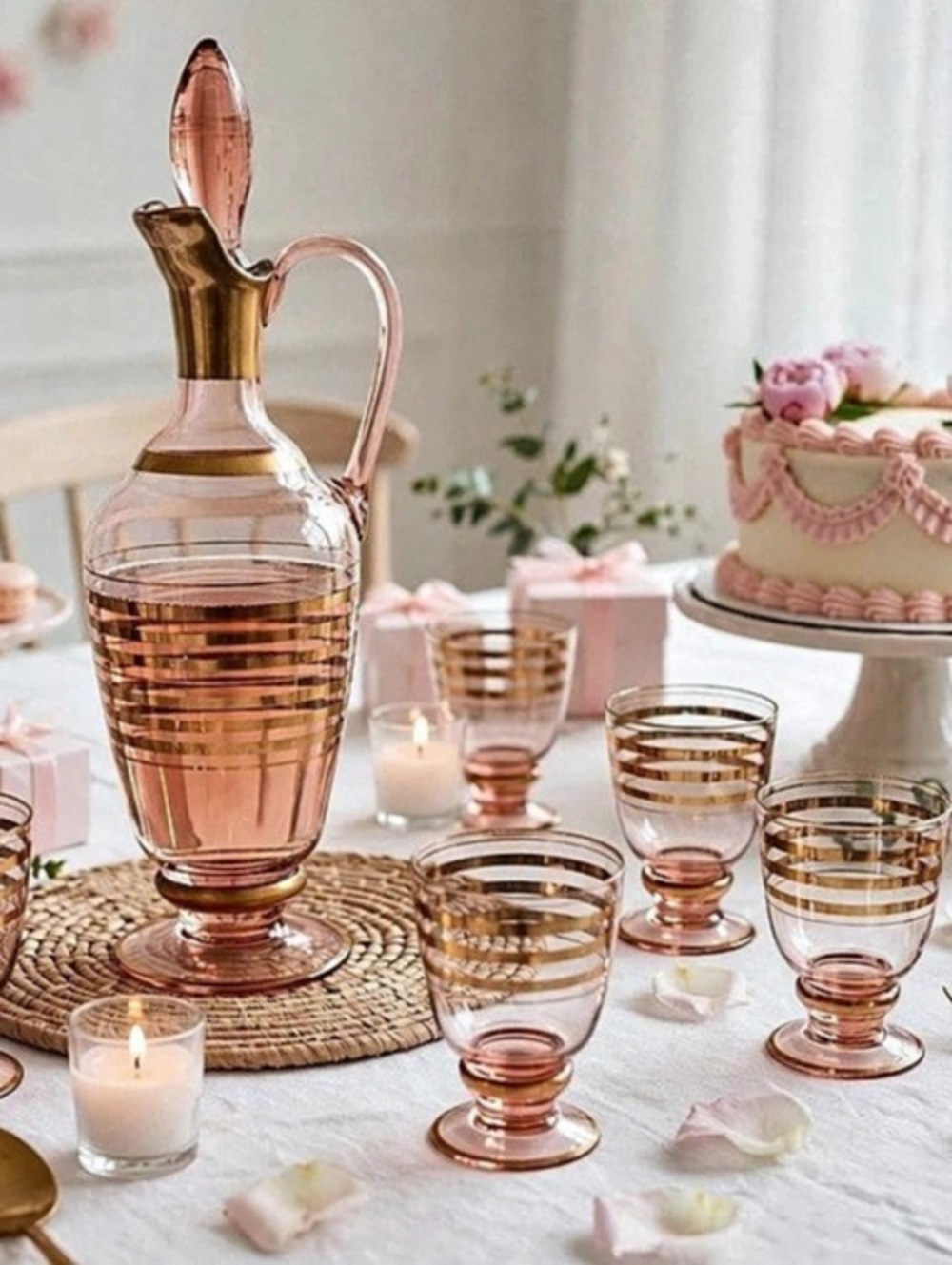 Vintage 1950s Pink Gold Claret Jug Decanter Set 6 Glasses Bohemian Barware